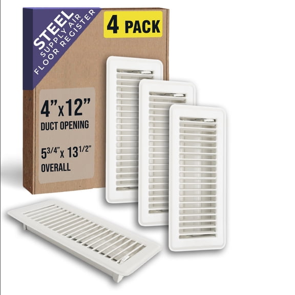 [4 Pack] Fits 4x12 and 12x4 Duct Opening | Floor Register with Louvered Design by Handua | Heavy Duty Walkable Design with Damper | Floor Vent Grille | Easy to Adjust Air Supply Lever | Off White