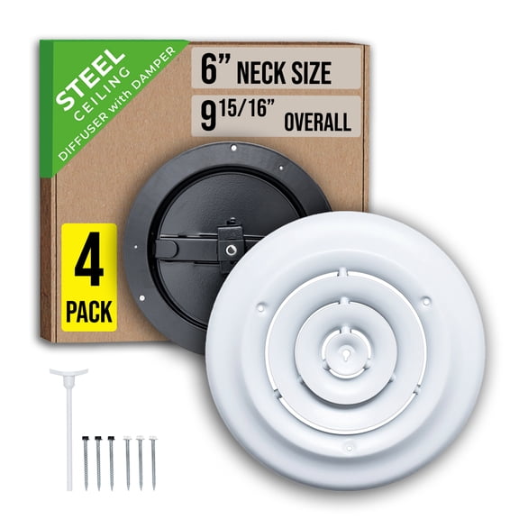 [4 Pack] Fits 6 Inch Neck Air Duct | Steel Round Air Supply Diffuser for Ceiling by Handua | 6" Neck Steel Butterfly Damper&Handle Included | Round Diffuser Vent Cover | White | Out. Dim.: 9-15/16"
