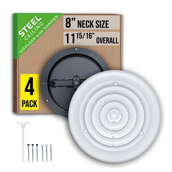 [4 Pack] Fits 8 Inch Neck Air Duct | Steel Round Air Supply Diffuser for Ceiling by Handua | 8" Neck Steel Butterfly Damper&Handle Included | Round Diffuser Vent Cover | White | Out. Dim.: 11-15/16"