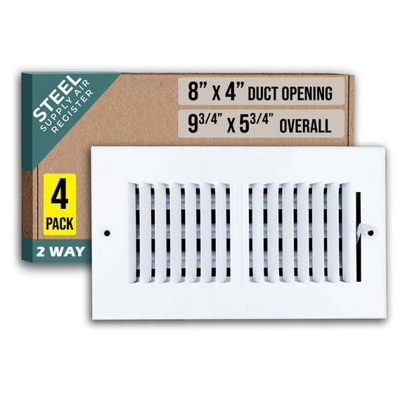 [4 Pack] Fits 8x4 Duct Opening 2 WAY Steel Air Supply Diffuser by Handua | Register Vent Cover Grille for Sidewall and Ceiling | White | Outer Dimensions: 9.75" X 5.75"