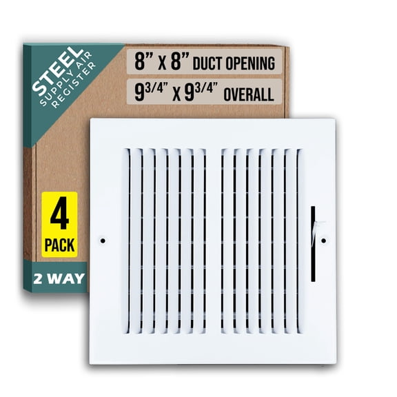 [4 Pack] Fits 8x8 Duct Opening 2 WAY Steel Air Supply Diffuser by Handua | Register Vent Cover Grille for Sidewall and Ceiling | White | Outer Dimensions: 9.75" X 9.75"
