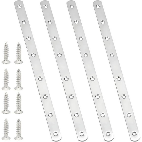 4 Pack Flat Mending Plate for Wood Stainless Steel Straight Brackets 11.6inch Length 8 Screw Hole Flat Repair Fixing Wood Brace Joining Plates Connector with Fixing Screws