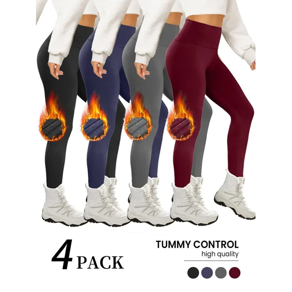 4-Pack Fleece Lined Leggings Women - High Waisted Winter Yoga Pants Tummy Control Soft Thermal Warm for Hiking Workout
