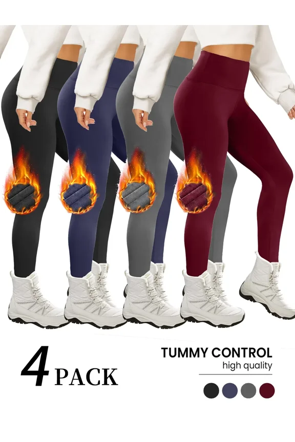 4-Pack Fleece Lined Leggings Women - High Waisted Winter Yoga Pants Tummy Control Soft Thermal Warm for Hiking Workout