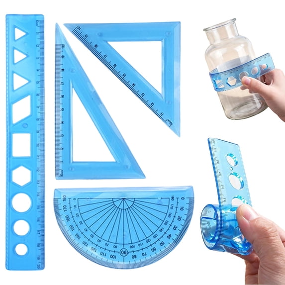 4 Pack Flexible Ruler Set, Bendable Straight Rulers with Wavy Edge, Triangular Rulers, and Protractor, Geometry Measuring Kit for Students, 4 Count