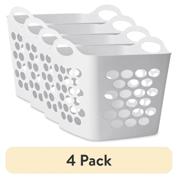 4 Pack Flexible Square Plastic Laundry Hampers, White Breathable Laundry Baskets with Built-in Handles, 0.7 Bushel Capacity for Bathroom Bedroom Laundry Room Dorm