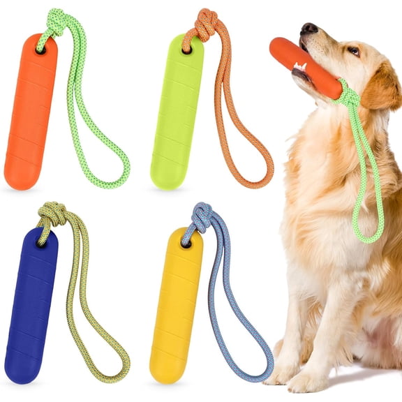 4 Pack Floating Dog Toys with Rope Handle EVA Dog Bumper Throw Stick for Water Training Fetch Retrieving High Visibility Pool Water Toys for Beach Diving Pool Yard Summer Outdoor Play