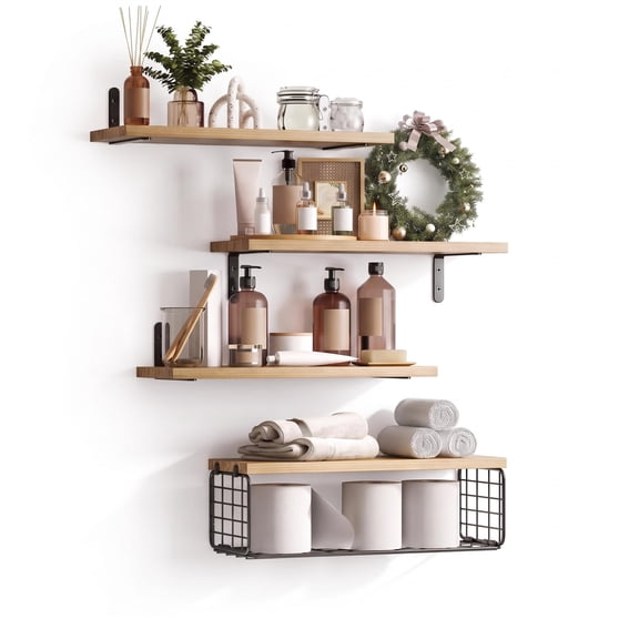 4-Pack Floating Shelves Wall Mounted with Wire Baskets Rustic Natural Wood & Metal Ledge for Kitchen, Bathroom, Bedroom Storage 15.7" Wide, Log Finish