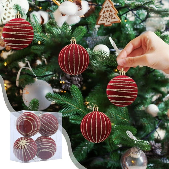 4-Pack Flocked Christmas Balls - 6 Inch Red Glitter Ornaments with Ribbons, Velvet Tree Decor for Home & Office