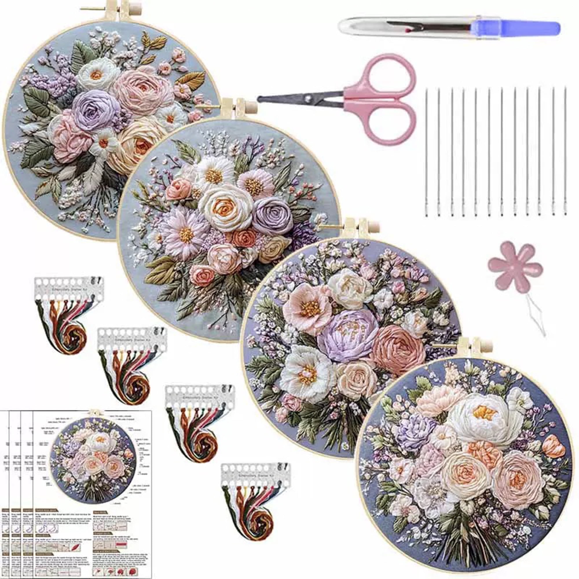 4 Pack Floral Bouquet Embroidery Kits for Adults Beginners Realistic Wedding Flowers Needlepoint DIY Hoop Art Craft Set