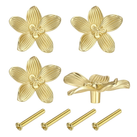 4 Pack Flower Drawer Knobs, 2" Zinc Alloy Cabinet Pulls Handles Hardware for Wardrobe Cupboard Closets Bookcase Furniture Decoration, Gold