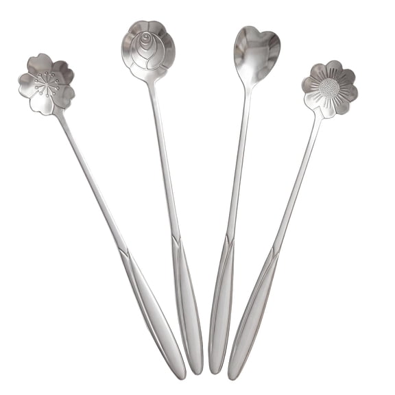 4 Pack Flower Shaped Stainless Steel Coffee Stirring Spoons, 7 Inch Long Handle Dessert Ice Cream Teaspoon, Elegant Floral Heart Rose Top Stir Sticks for Latte, Cocktail, Yogurt