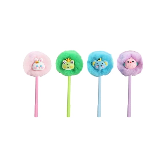 4 Pack Fluffy Cartoon Gel Pens, Plush Topper Black Ink Pens for Students, Daily Writing, Stationery Gifts