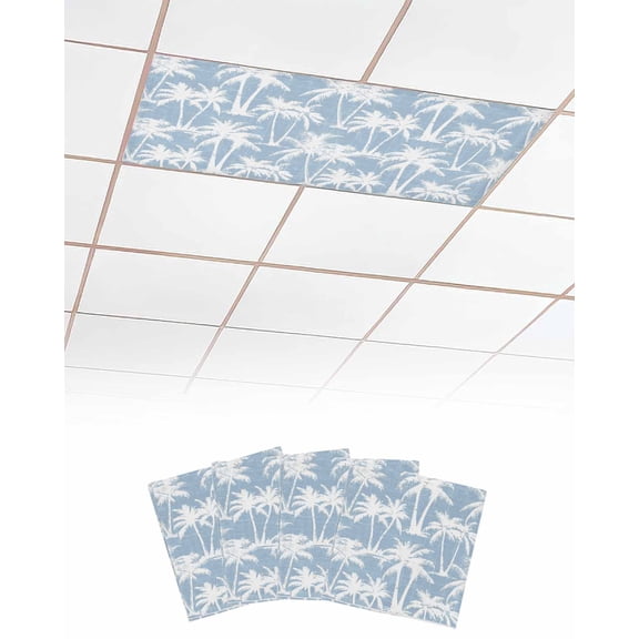 4 Pack Fluorescent Light Cover for Ceiling Lights, Light Blue Palm Tree Summer Magnetic Classroom Light Filters 4x2 Feet, Beach Tropical Coastal Decorative Ceiling Shade Panel for Office