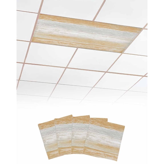 4 Pack Fluorescent Light Cover for Ceiling Lights, Orange Grey Magnetic Classroom Light Filters 4x2 Feet, Farmhouse Gray Barn Wooden Vintage Striped Decorative Ceiling Shade Panel for Office