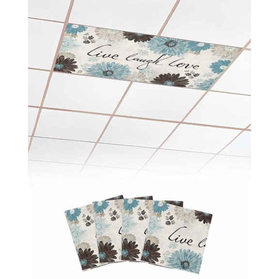4 Pack Fluorescent Light Cover for Ceiling Lights, Turquoise Brown Spring Floral Magnetic Classroom Light Filters 4x2 Feet, Vintage Summerbotanical Decorative Ceiling Shade Panel for Office