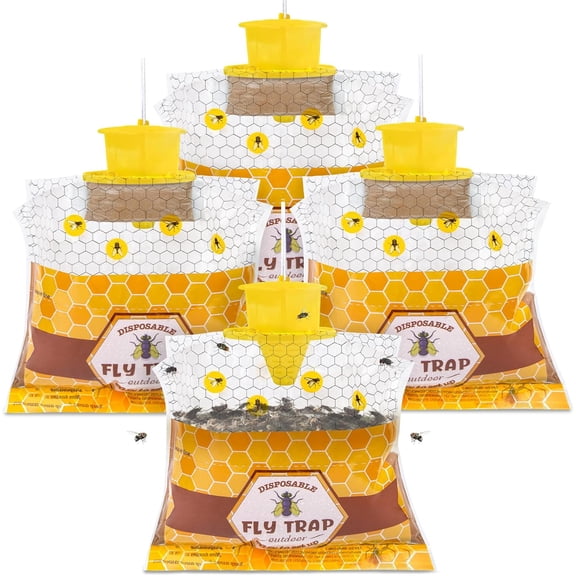 4 Pack Fly Traps Outdoor Hanging for Patio, Flies Bags Outdoor Disposable with 30g Bait, Bug Fly Hunter Catcher Killer Control for Barn Horse Ranch Chicken Coop