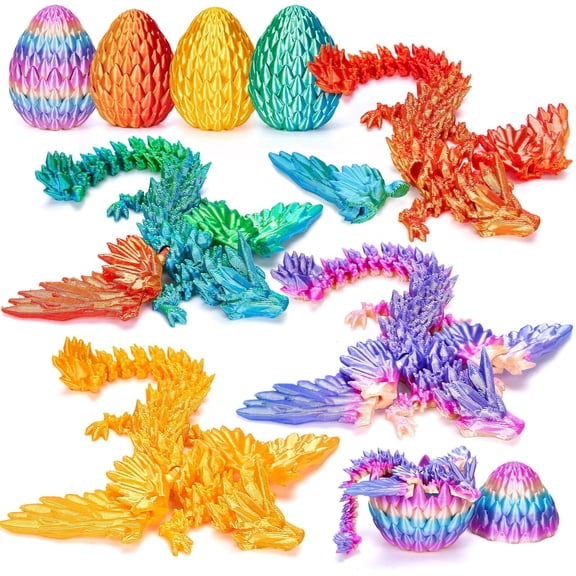 3D Printed Dragon with Wings and Eggs, Surprise Egg with Flying Dragon, 4 Pack Cool Flexible Articulated Animal Fidgets