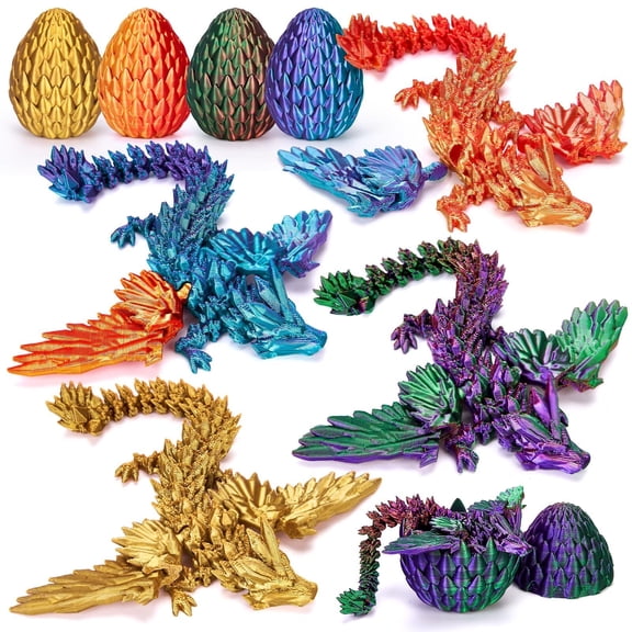 3D Printed Dragon with Wings and Eggs, Surprise Egg with Flying Dragon, 4 Pack Cool Flexible Articulated Animal Fidgets