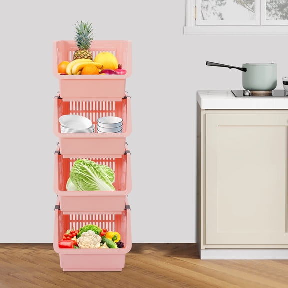 4 Pack Fodable Stacking Storage Baskets Pink Floor Standing Stackable Organizer Baskets for Kitchen Bathroom Living Room