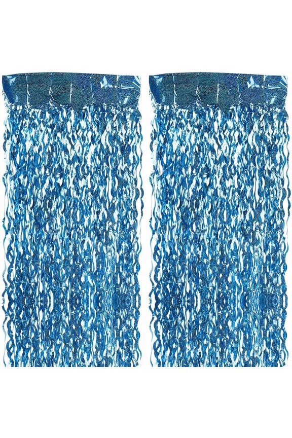 4 Pack Foil Fringe Curtain Backdrop Blue Metallic Wavy Tinsel Foil Fringe Curtains Streamers Photo Booth Backdrop for Birthday Wedding Christmas Holiday Celebration Party Decor 3.3x6.7FT for DIY