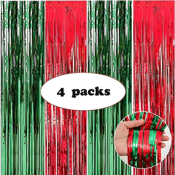 4 Pack Foil Fringe Curtains - Christmas Party Decoration, Red & Green Metallic Shimmer Curtains, 3.3 x 8.2 ft