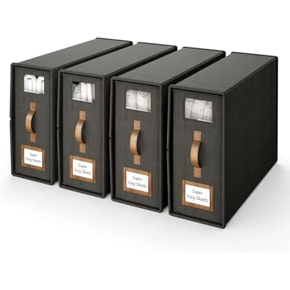 4 Pack Foldable Bed Sheets Set Organizers and Storage(Cal King Size),Linen Fabric Closet Organizers with Window,Folding Bedding Storage Box for Bedsheets and Pillow Cube Organizer-Black