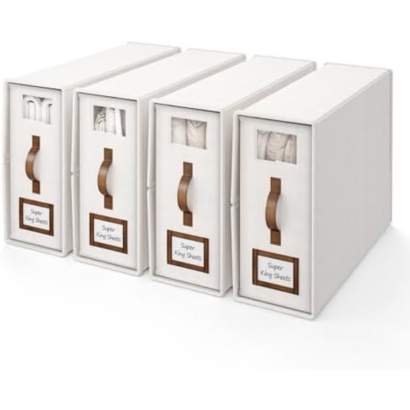 4 Pack Foldable Bed Sheets Set Organizers and Storage(Cal King Size),Linen Fabric Closet Organizers with Window,Folding Bedding Storage Box for Bedsheets and Pillow Cube Organizer-White