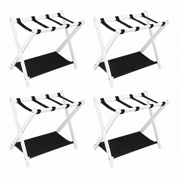 4 Pack Foldable Wooden Luggage Rack Set with Storage Shelf,Heavy Duty 154 lbs Rubber Wood X-Frame Suitcase Stand for Home Hotel Room,White