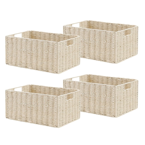 4 Pack Foldable Woven Storage Baskets with Handles, Rectangular Paper Rope Organizer Bins, Collapsible Shelf Baskets for Bathroom, Kitchen, Office – Beige