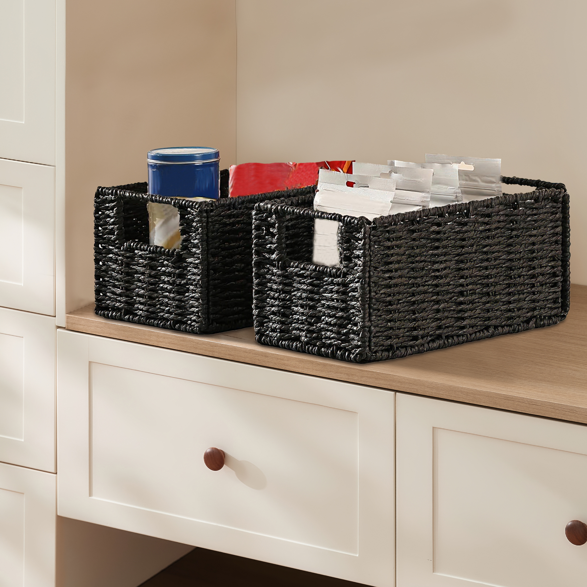 Collapsible Rectangular Case 4 Pack Foldable Woven Storage Baskets, Rectangular Paper Rope Organizer ...