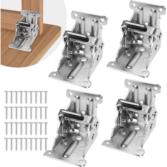 4 Pack Folding Brackets, 90° Self-Locking Hinges With Screws & Non-Slip Pads, 500Lb Capacity Adjustable Support For Folding Table/Bed/Desk Legs, Quick-Install Heavy-Duty Extension Support Bracket