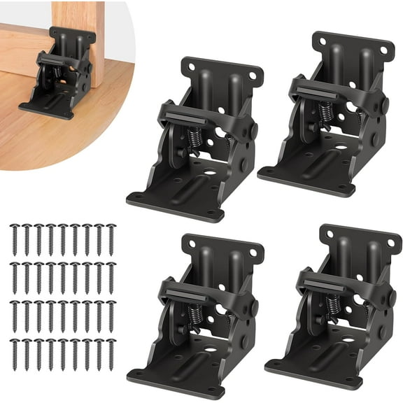 4 Pack Folding Brackets Foldable Hinge Hardware Self-Lock Hinge with Screws for Shelf Folding Table Legs, Lock Extension Support Bracket Bed Legs, Black