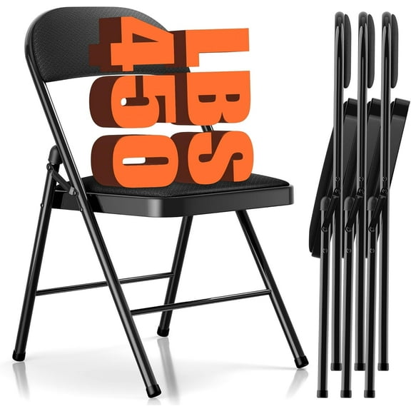 4 Pack Folding Chairs with Cushion  Black Padded Foldable Chairs with Backrest, Metal Frame and Sponge Seat, Portable Foldable Chairs for Home Office Party Events (Black-Fabric, Set of 4)