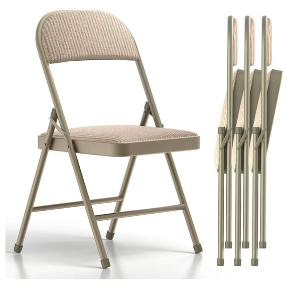 4 Pack Folding Chairs, Fabric Dining Chair Set with Padded Cushion and Back, Indoor Outdoo Seat for Home Office Events Wedding Party (Oatmeal Strip Fabric Seating)