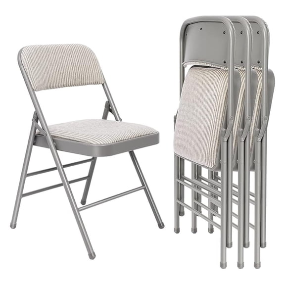 4 Pack Folding Chairs Fabric Dining Chair Set with Padded Cushion and Back, Indoor Outdoor Foldable Seat with Steel Frame for Home Office Events Wedding Party, Oatmeal Strip Seating
