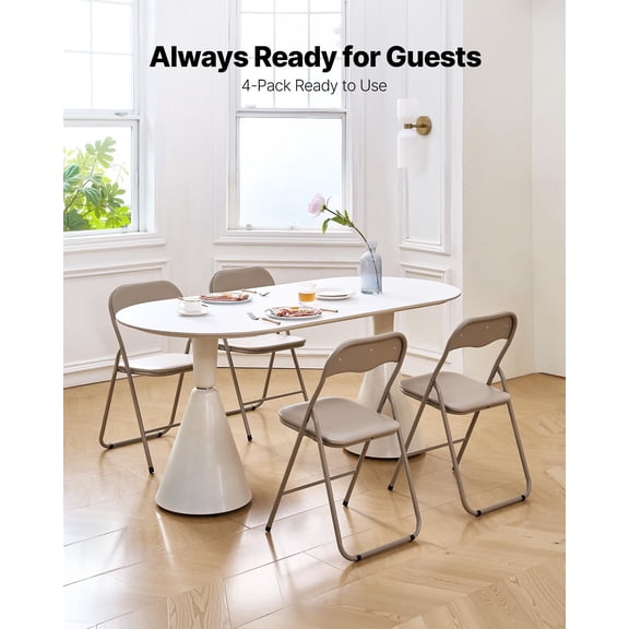 4 Pack Folding Chairs,Foldable Leather Chairs with Heavy Duty Metal Frame&Padded Cushion,Portable Folding Card Table Chairs,Stackable Seats for Home,Yard,Garden,Parties,Events,Khaki