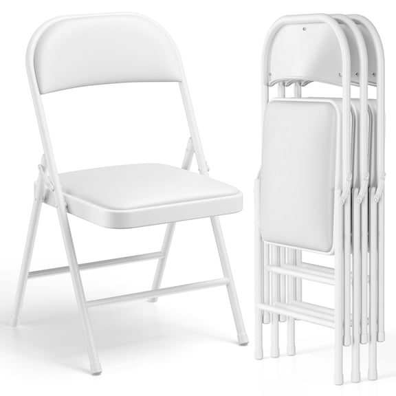 4 Pack Folding Chairs with PU Leather Padded Cushion and Back, Stackable Commercial Grade Metal Folding Chairs for Home and Office Indoor and Outdoor Events (White)