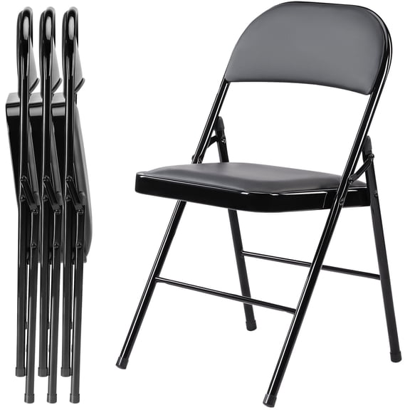 4 Pack Folding Chairs, Padded Leather Seat with Backrest for Home/Office/Party, Easy to Use and Store, Black