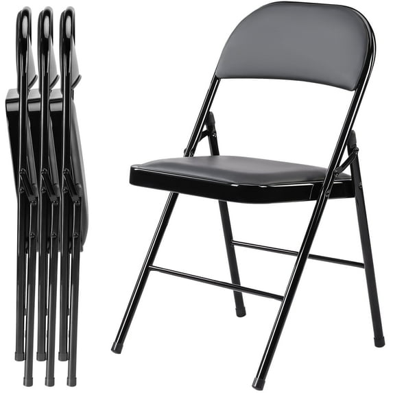 4 Pack Folding Chairs, Padded Leather Seat with Backrest for Home/Office/Party, Easy to Use and Store, Black