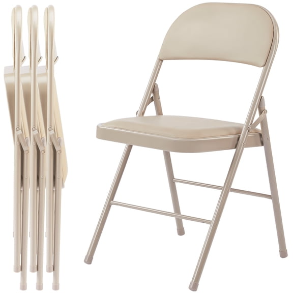 4 Pack Folding Chairs, Padded Leather Seat with Backrest for Home/Office/Party, Easy to Use and Store, Khaki
