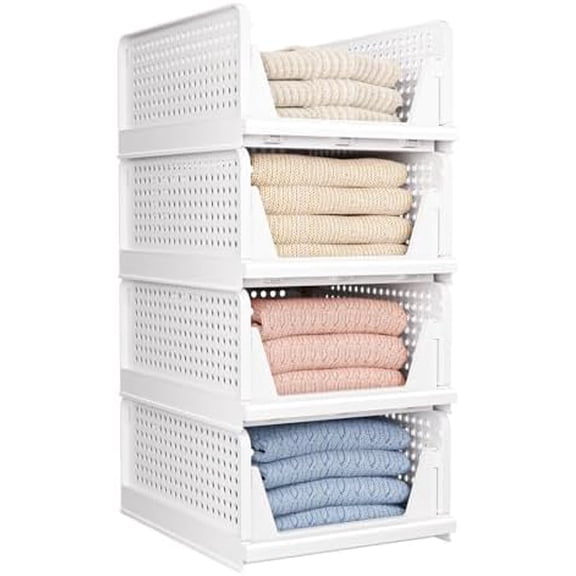 4 Pack Folding Closet Organizers Storage Box, Stackable Storage Bins, Plastic Drawer Basket Closet Storage for Wardrobe Cupboard Kitchen Bathroom Office White-4L