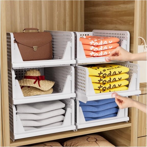 4 Pack Folding Closet Organizers Storage Box, Stackable Storage Bins, Plastic Drawer Basket Closet Storage for Wardrobe Cupboard Kitchen Bathroom Office White-4L