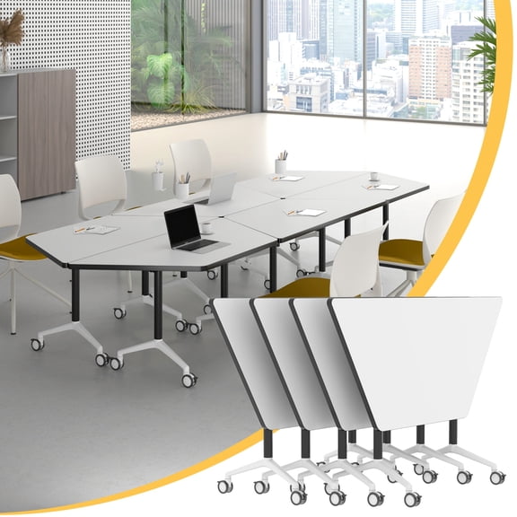 4 Pack Folding Conference Table,47.2In Modular Conference Room Tables with Wheels,White Meeting Table Flip Top Mobile Training Table,Modern Seminar 6oardroom Tables for Office School-T Shaped