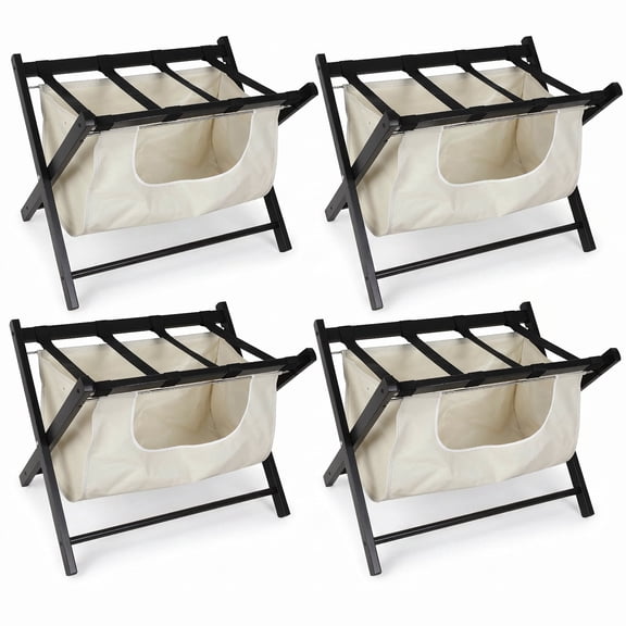 4 Pack Folding Luggage Rack with Storage Shelf, Wood Suitcase Stand for Bedroom & Hotel, Heavy Duty Foldable Luggage Holder with Fabric Bag
