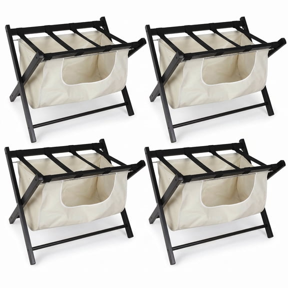 4 Pack Folding Luggage Rack with Storage Shelf, Wood Suitcase Stand for Bedroom & Hotel, Heavy Duty Foldable Luggage Holder with Fabric Bag