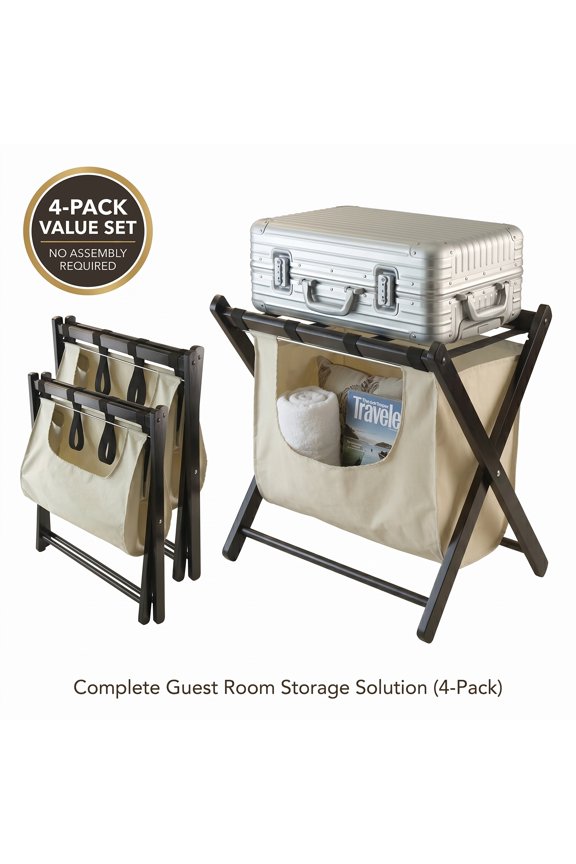 4 Pack Folding Luggage Rack with Storage Shelf, Wood Suitcase Stand for Bedroom & Hotel, Heavy Duty Foldable Luggage Holder with Fabric Bag