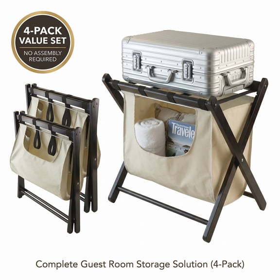 4 Pack Folding Luggage Rack with Storage Shelf, Wood Suitcase Stand for Bedroom & Hotel, Heavy Duty Foldable Luggage Holder with Fabric Bag