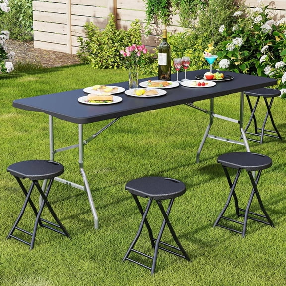 4-Pack Folding Stools and 6 ft Foldable Table Set with Lock Function, Portable Indoor/Outdoor Furniture for Camping, Picnic, Party