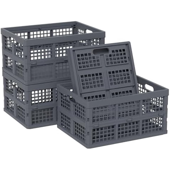 4-Pack Folding Storage Bin, 32 Liter Plastic Collapsible Crates$$Office
